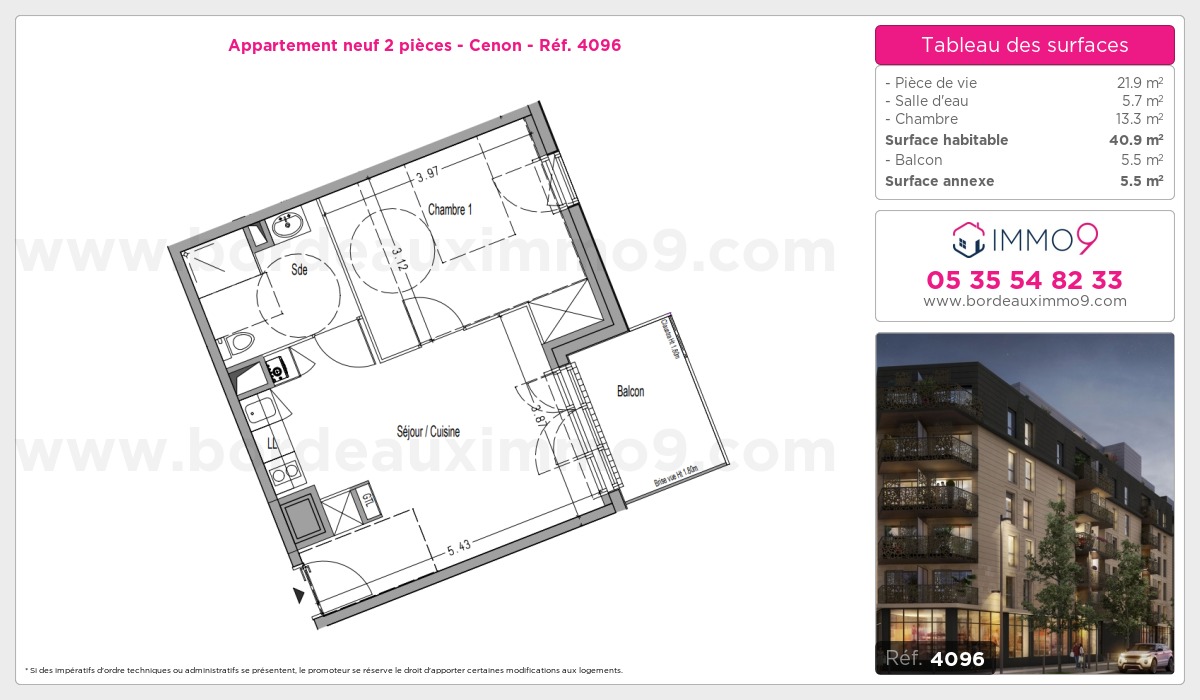 Plan et surfaces, Programme neuf Cenon Référence n° 4096