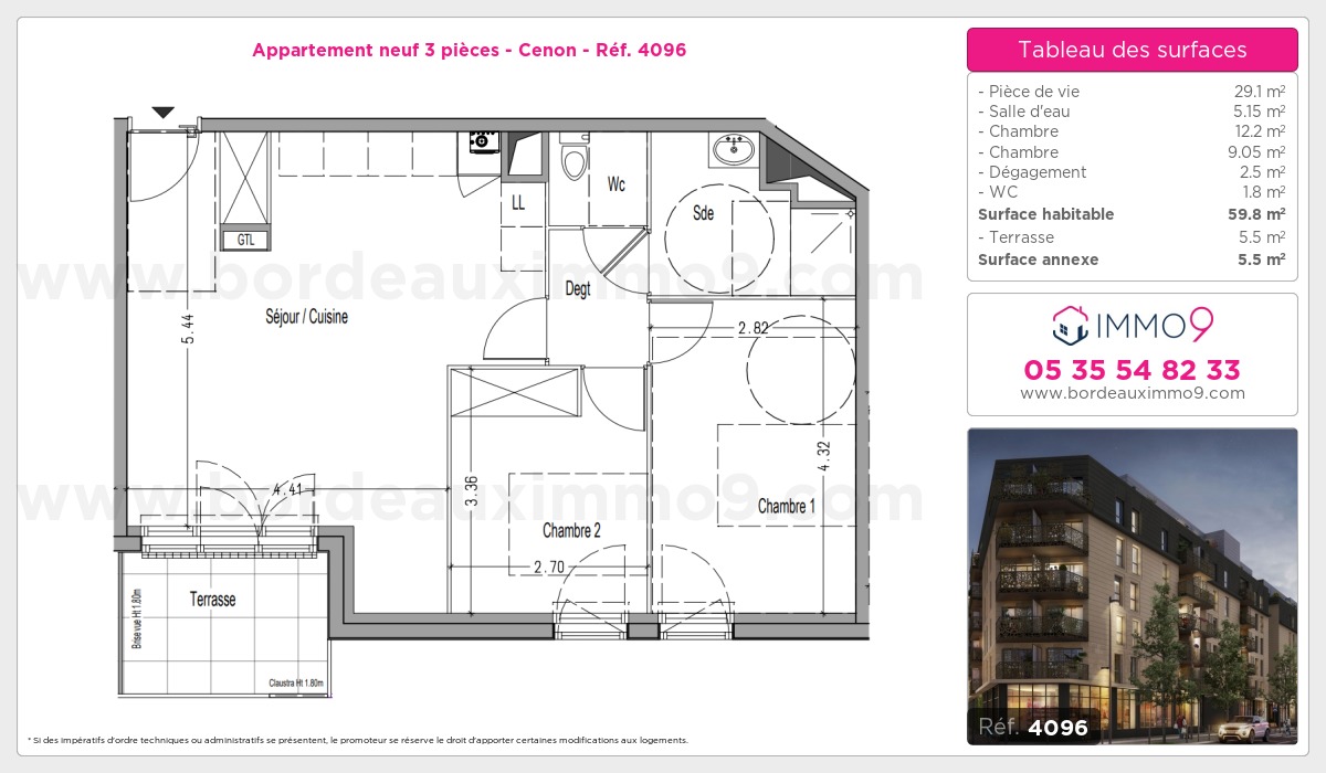 Plan et surfaces, Programme neuf Cenon Référence n° 4096