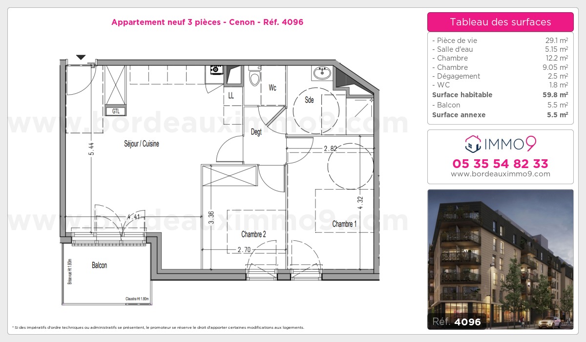 Plan et surfaces, Programme neuf Cenon Référence n° 4096