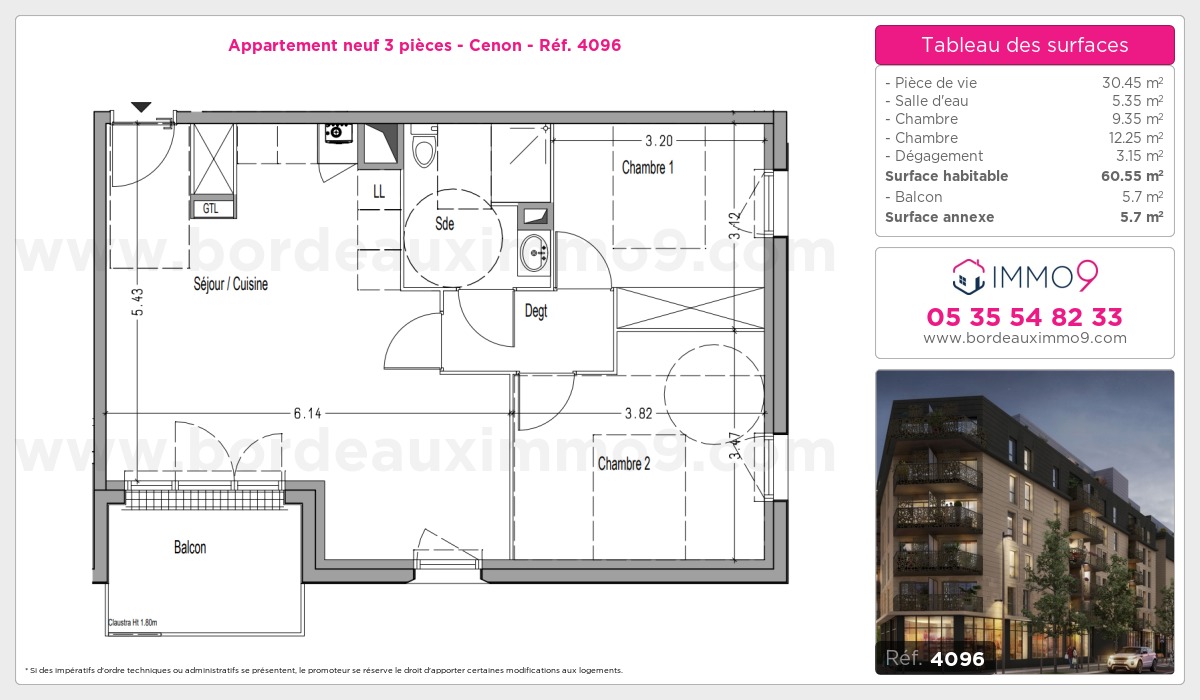 Plan et surfaces, Programme neuf Cenon Référence n° 4096