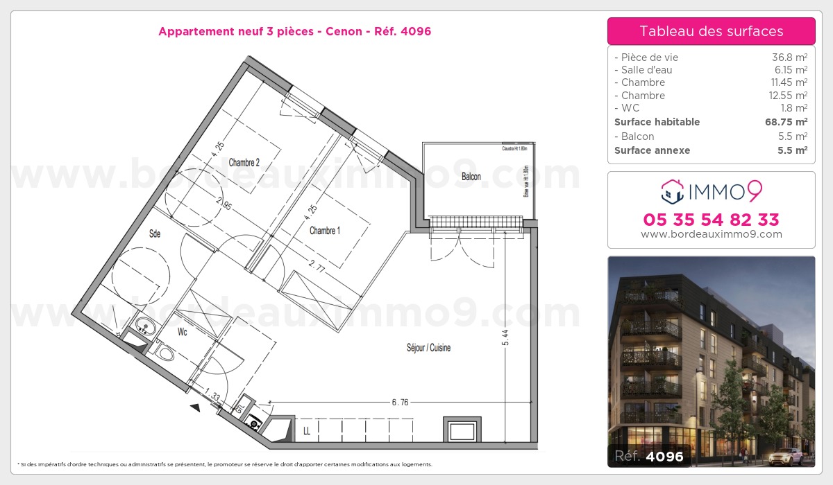 Plan et surfaces, Programme neuf Cenon Référence n° 4096