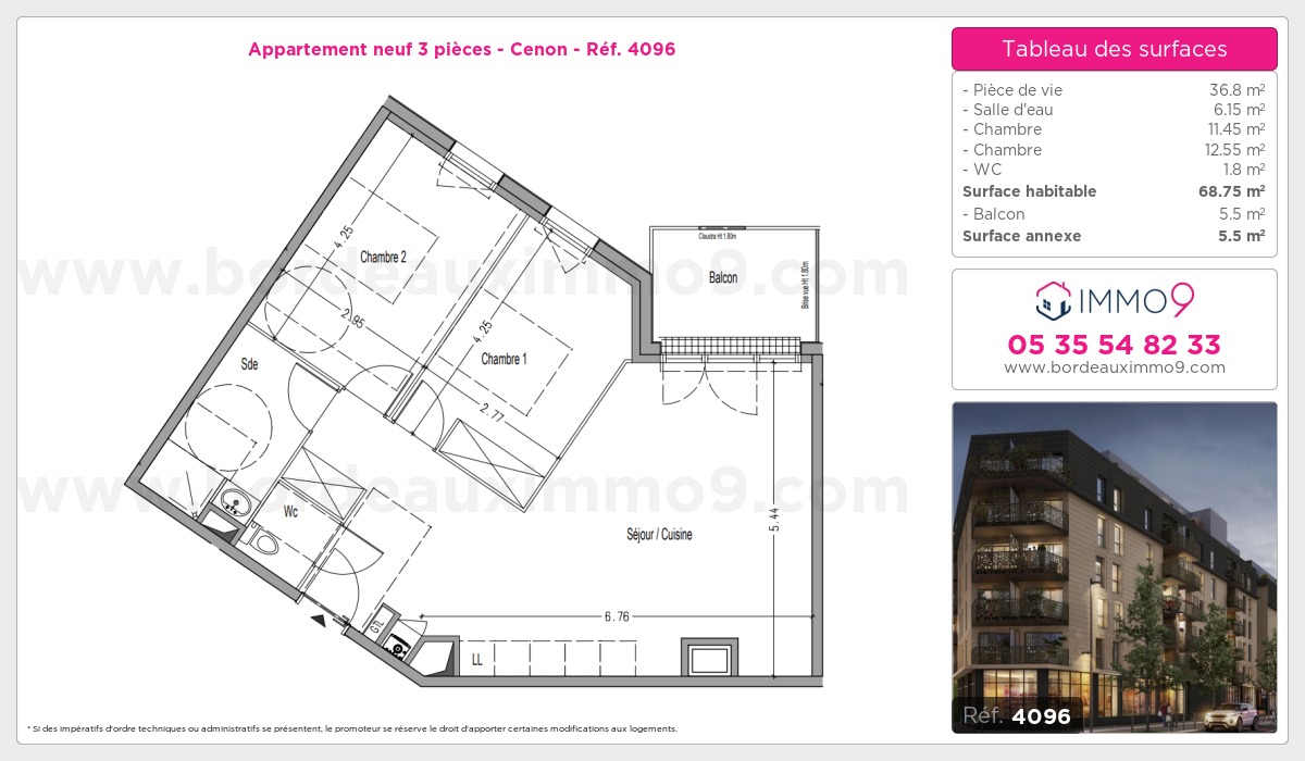 Plan et surfaces, Programme neuf Cenon Référence n° 4096