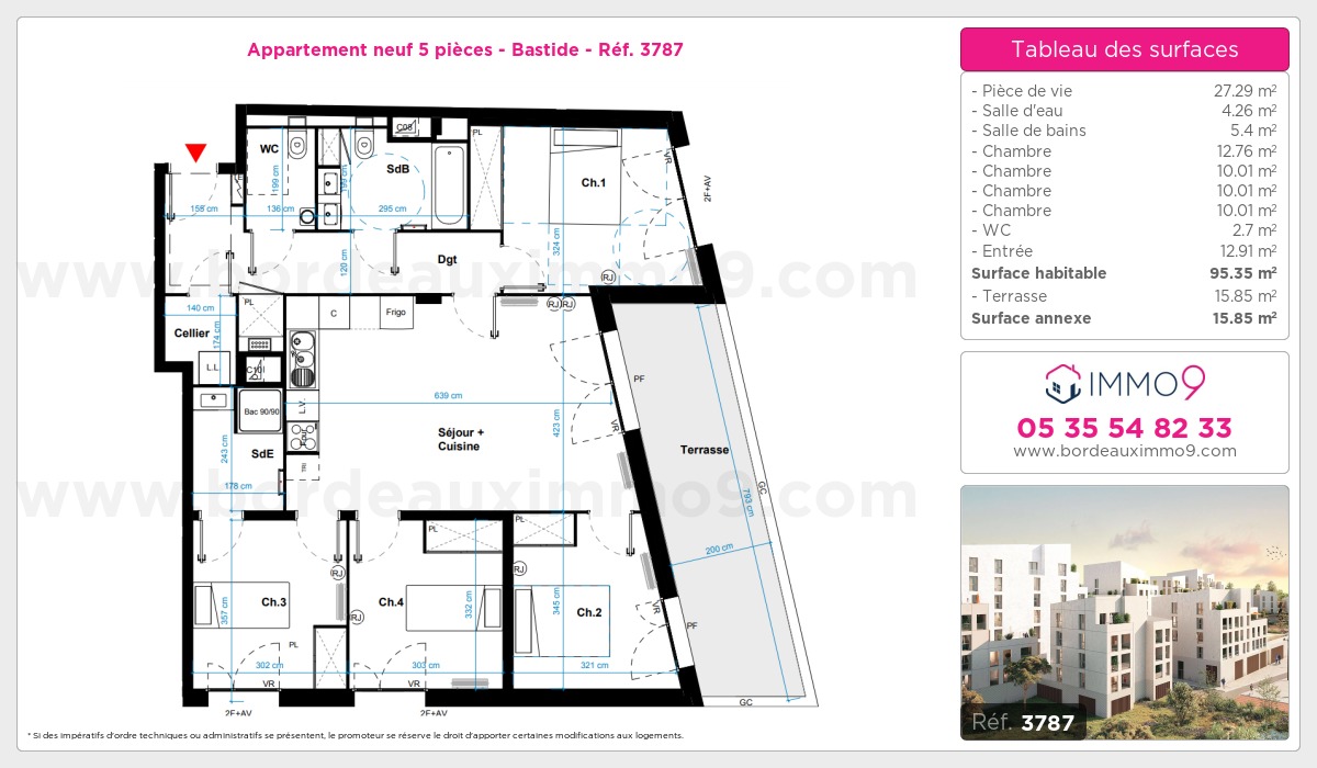 Plan et surfaces, Programme neuf Bordeaux : Bastide Référence n° 3787