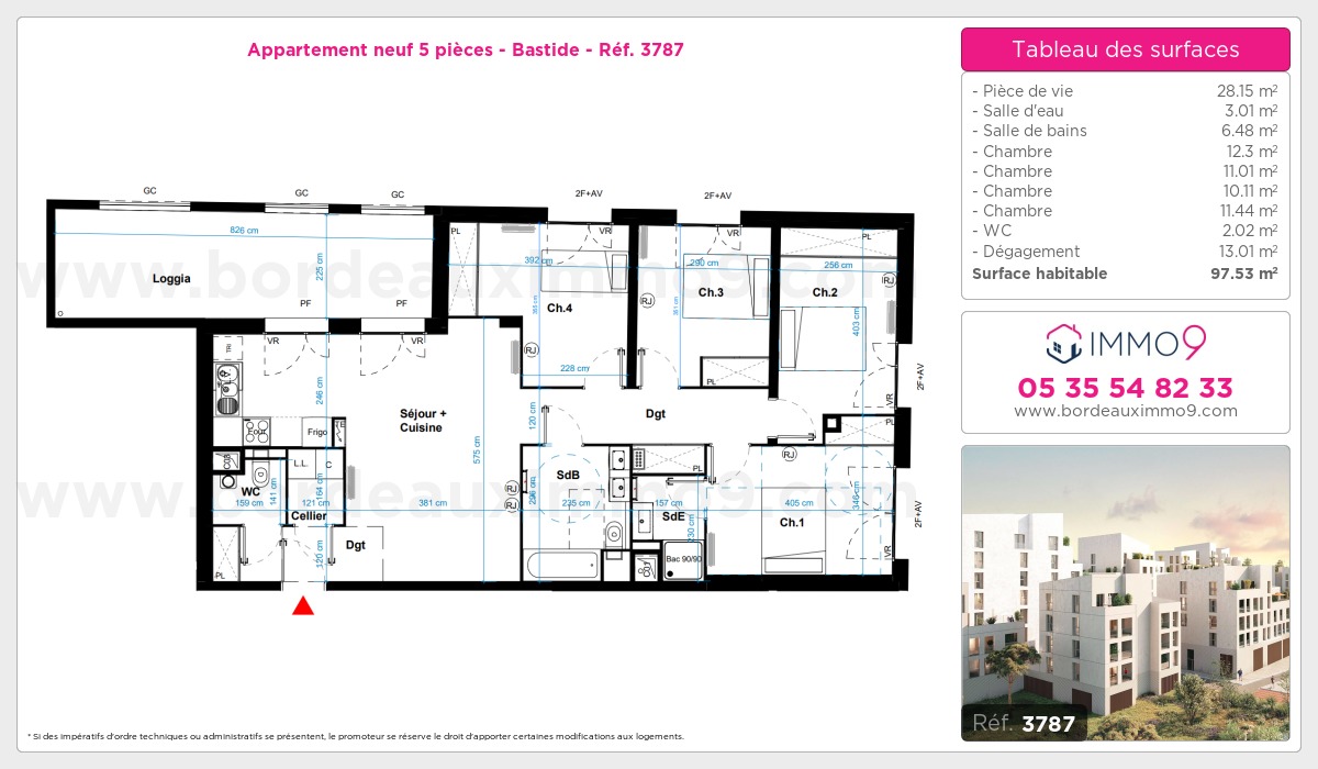 Plan et surfaces, Programme neuf Bordeaux : Bastide Référence n° 3787