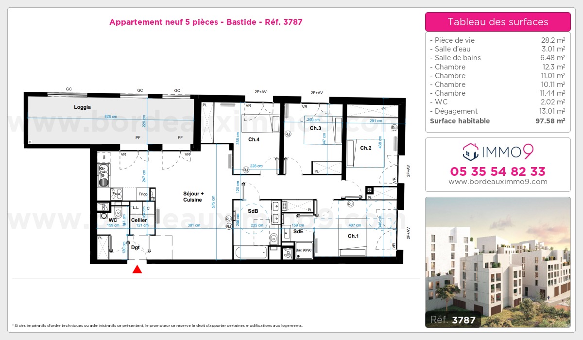 Plan et surfaces, Programme neuf Bordeaux : Bastide Référence n° 3787