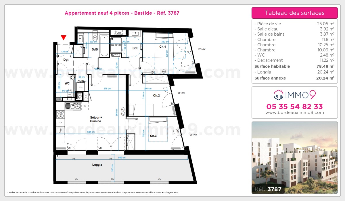 Plan et surfaces, Programme neuf Bordeaux : Bastide Référence n° 3787