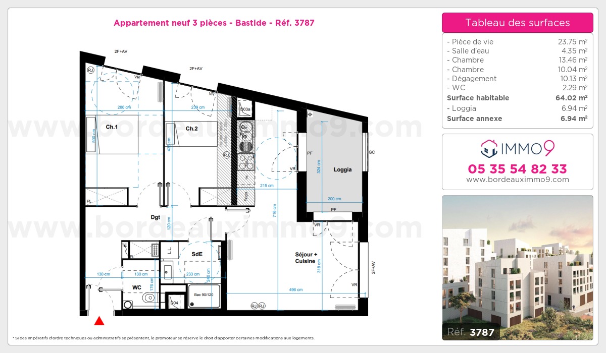 Plan et surfaces, Programme neuf Bordeaux : Bastide Référence n° 3787