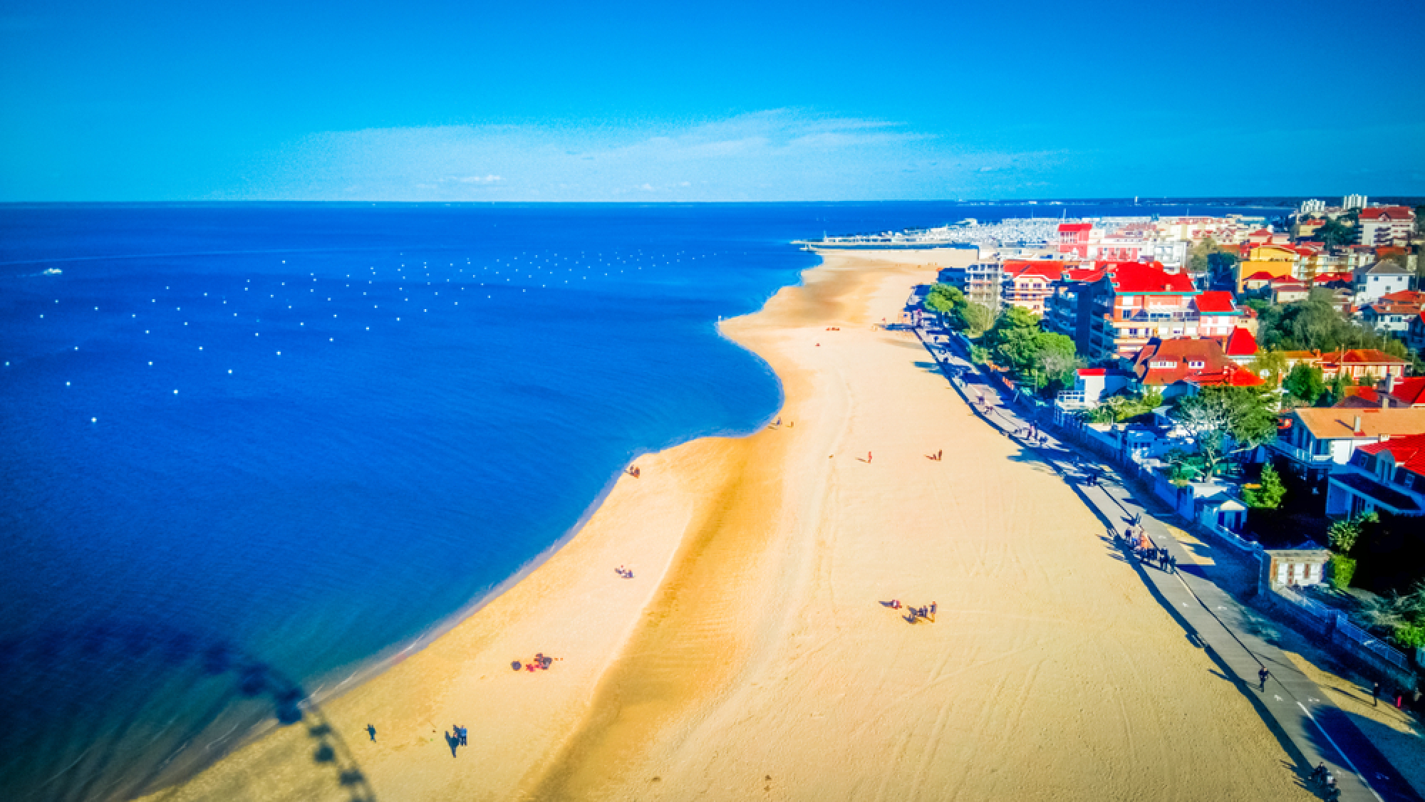 Vue aérienne de la station balnéaire d'Arcachon, connue pour la récolte d'huîtres