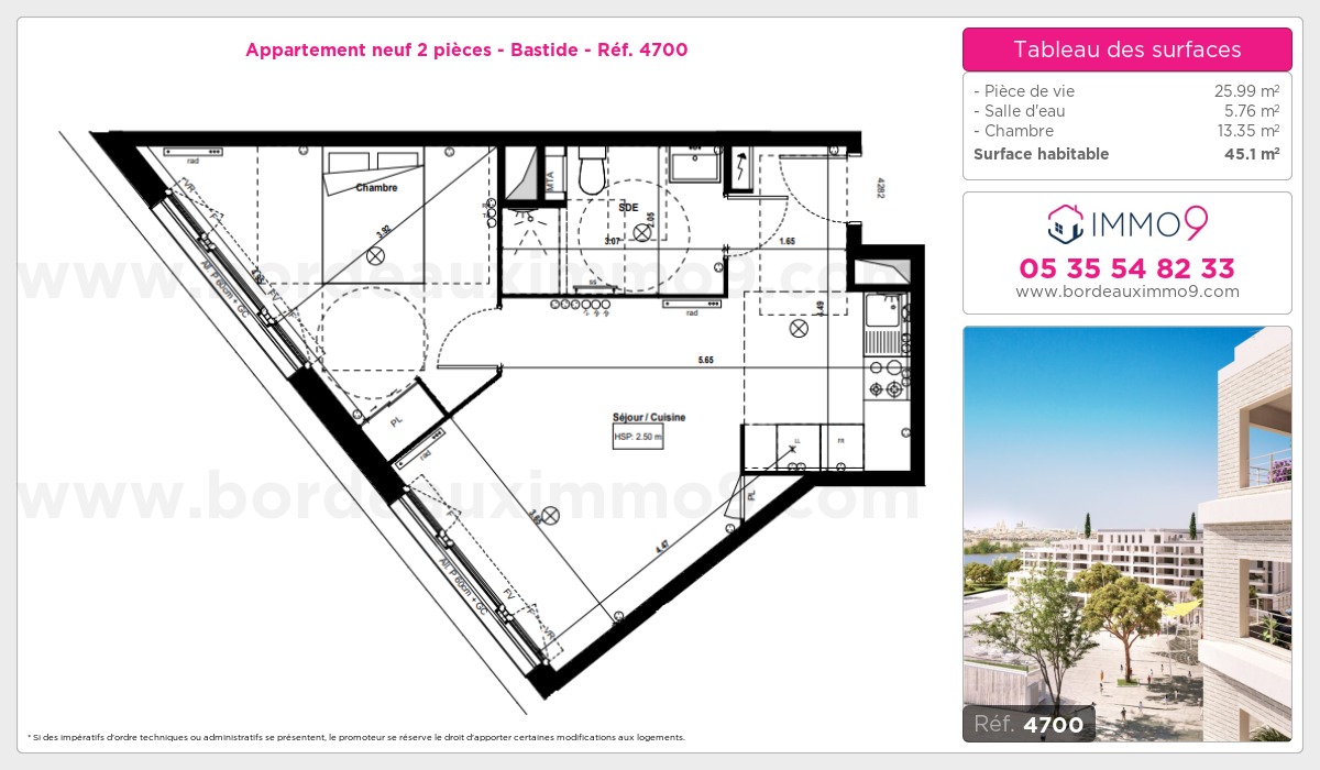 Plan et surfaces, Programme neuf Bordeaux : Bastide Référence n° 4700