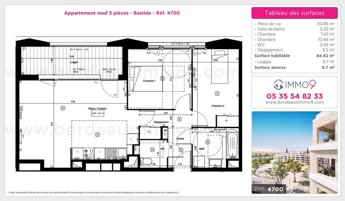 Plan et surfaces, Programme neuf Bordeaux : Bastide Référence n° 4700