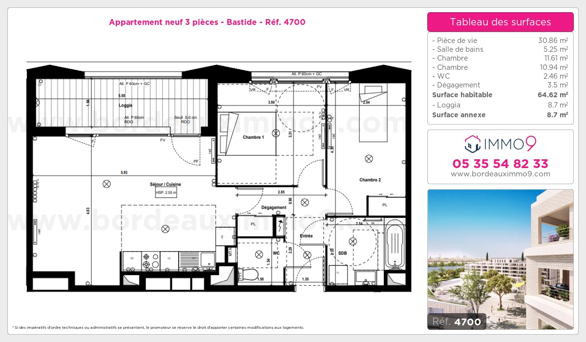Plan et surfaces, Programme neuf Bordeaux : Bastide Référence n° 4700
