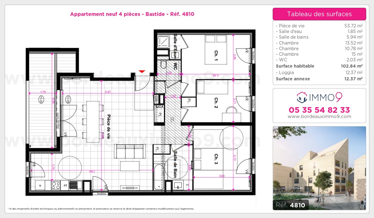 Plan et surfaces, Programme neuf Bordeaux : Bastide Référence n° 4810