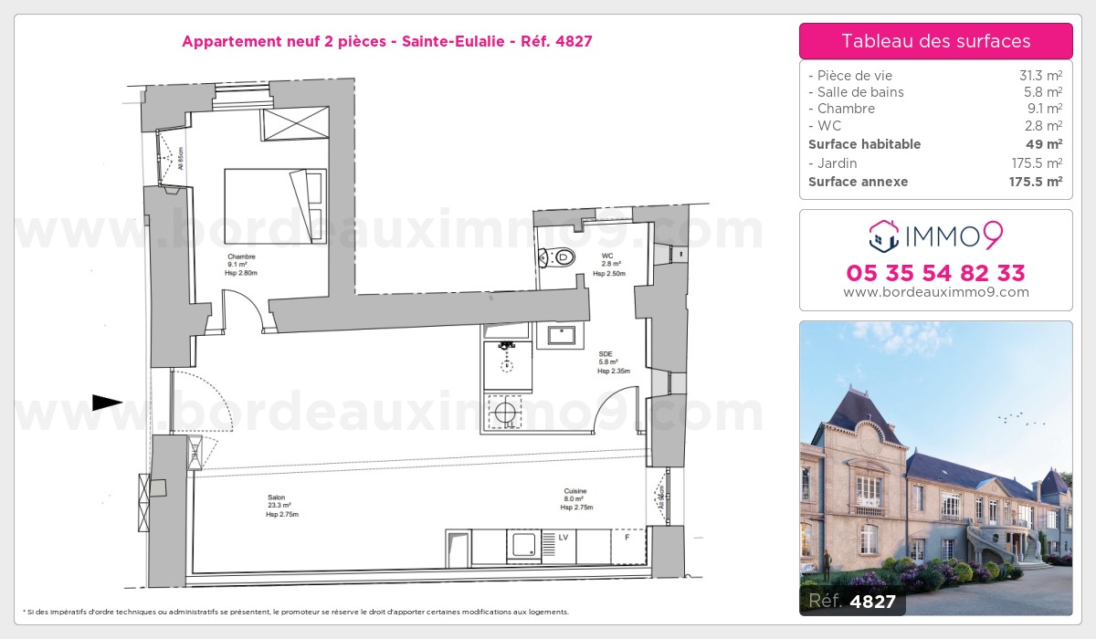 Plan et surfaces, Programme neuf Sainte-Eulalie Référence n° 4827