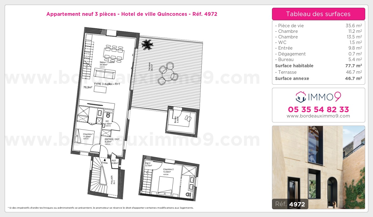 Plan et surfaces, Programme neuf Bordeaux : Hotel de ville Quinconces Référence n° 4972