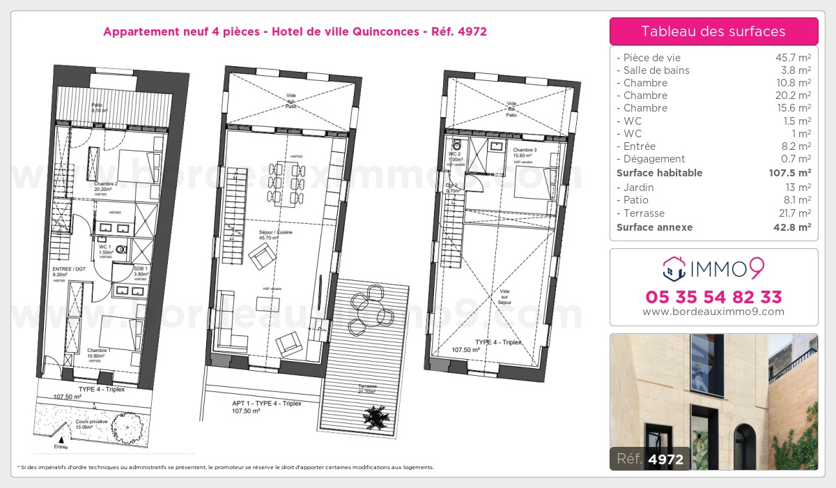 Plan et surfaces, Programme neuf Bordeaux : Hotel de ville Quinconces Référence n° 4972