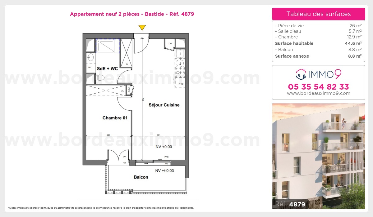 Plan et surfaces, Programme neuf Bordeaux : Bastide Référence n° 4879