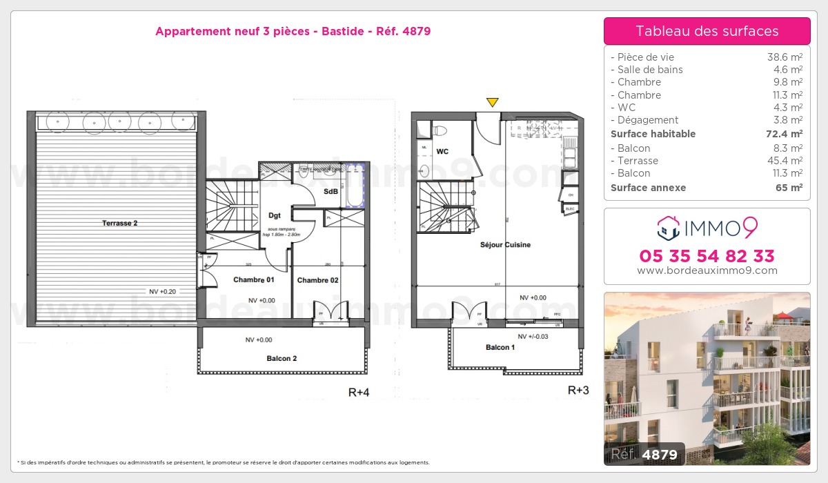 Plan et surfaces, Programme neuf Bordeaux : Bastide Référence n° 4879