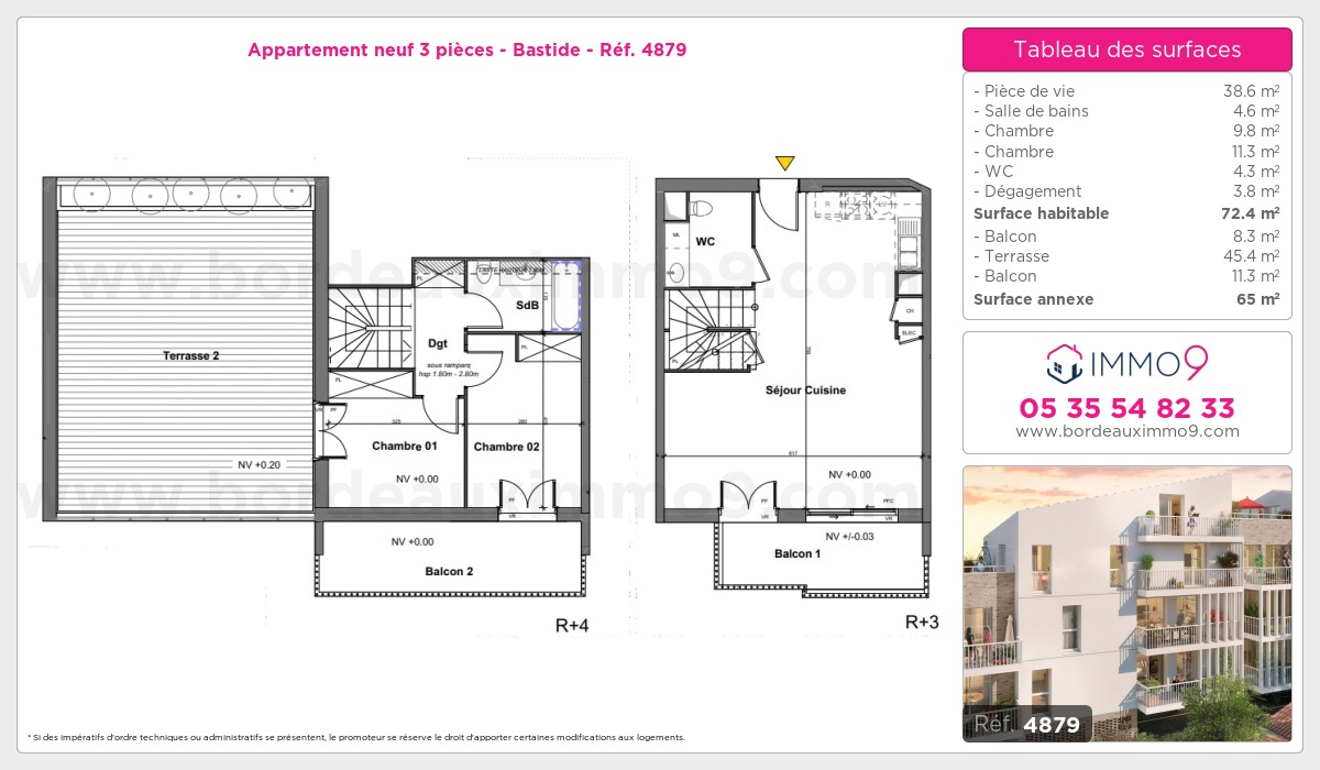 Plan et surfaces, Programme neuf Bordeaux : Bastide Référence n° 4879