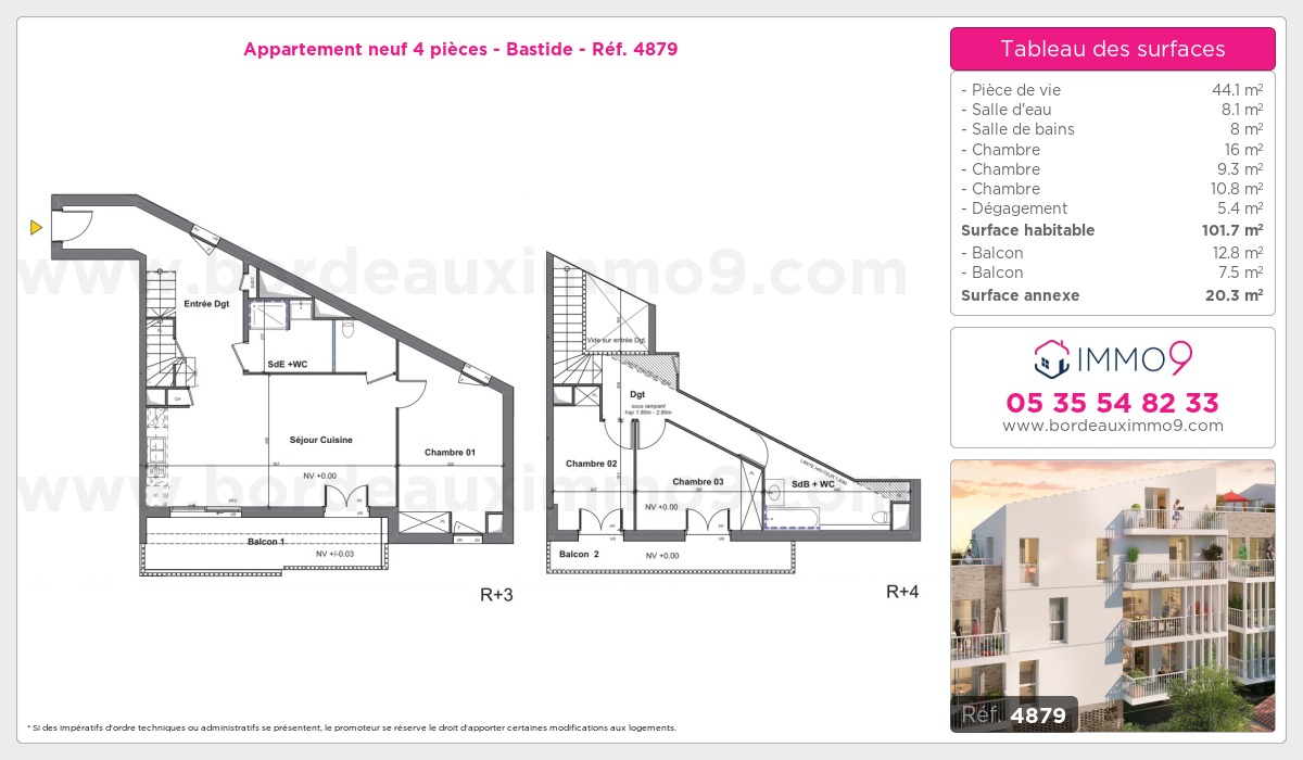 Plan et surfaces, Programme neuf Bordeaux : Bastide Référence n° 4879