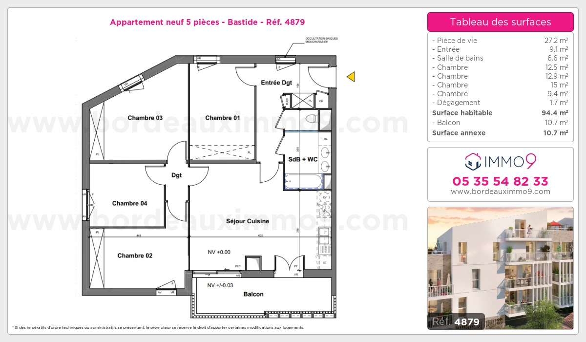 Plan et surfaces, Programme neuf Bordeaux : Bastide Référence n° 4879