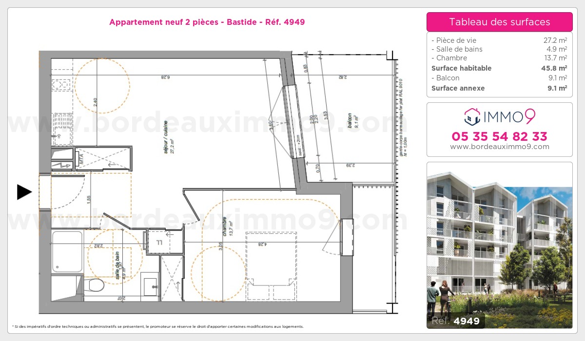 Plan et surfaces, Programme neuf Bordeaux : Bastide Référence n° 4949