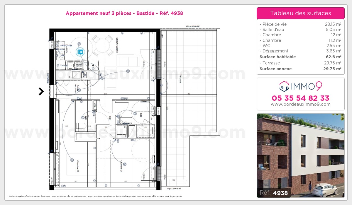 Plan et surfaces, Programme neuf Bordeaux : Bastide Référence n° 4938