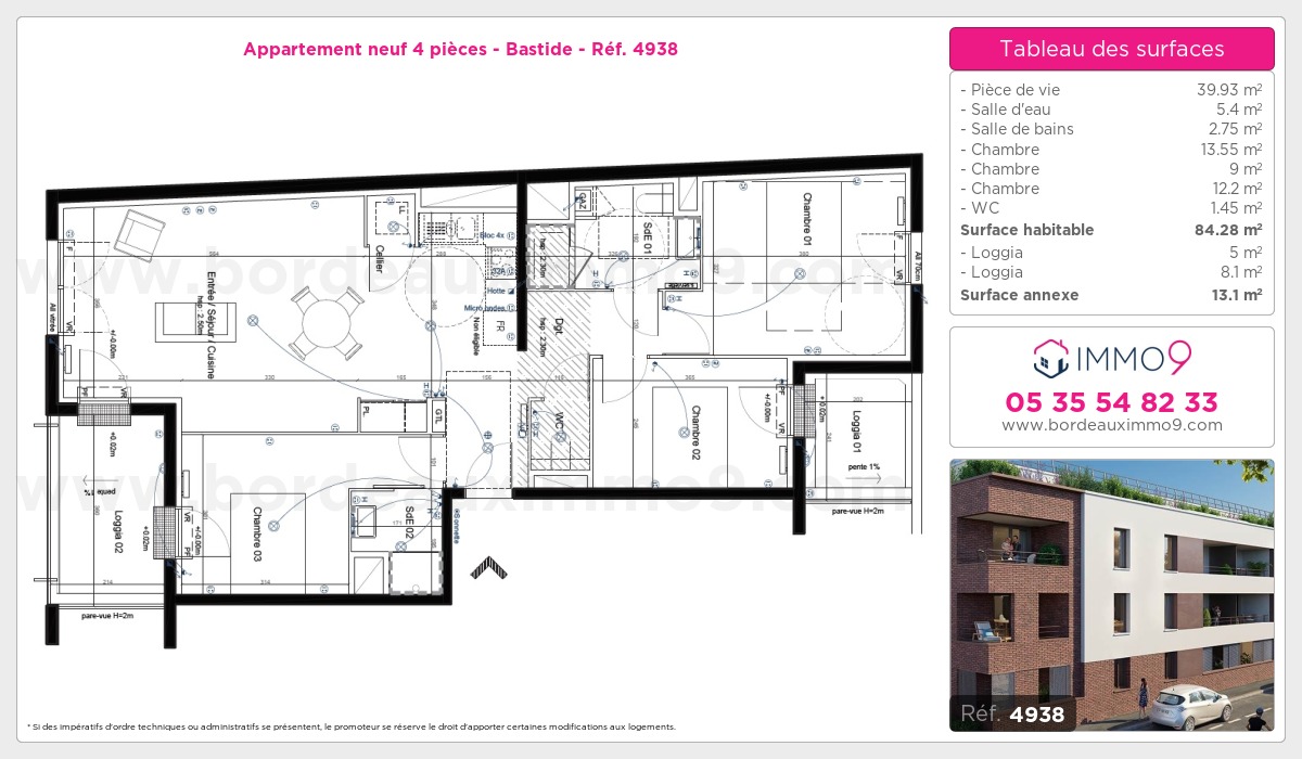 Plan et surfaces, Programme neuf Bordeaux : Bastide Référence n° 4938