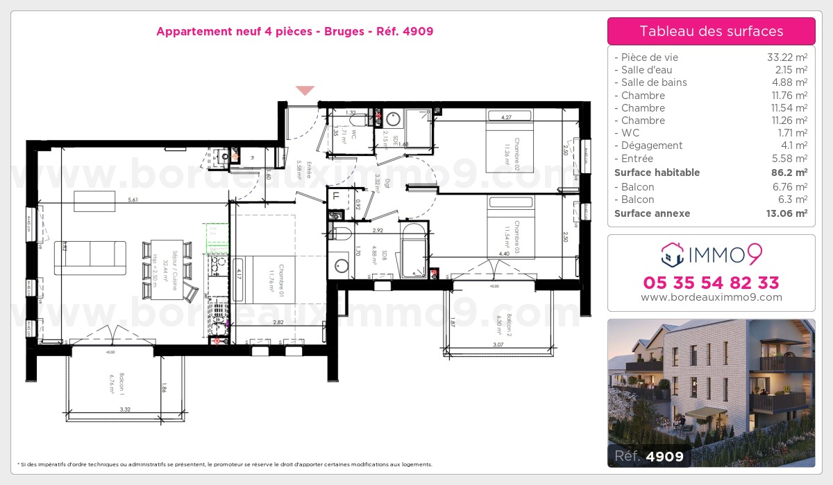 Plan et surfaces, Programme neuf Bruges Référence n° 4909