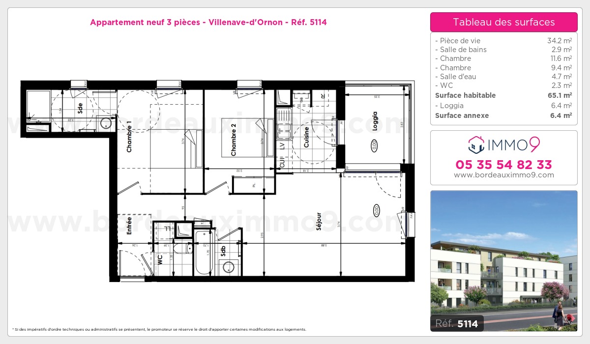 Plan et surfaces, Programme neuf Villenave-d'Ornon Référence n° 5114