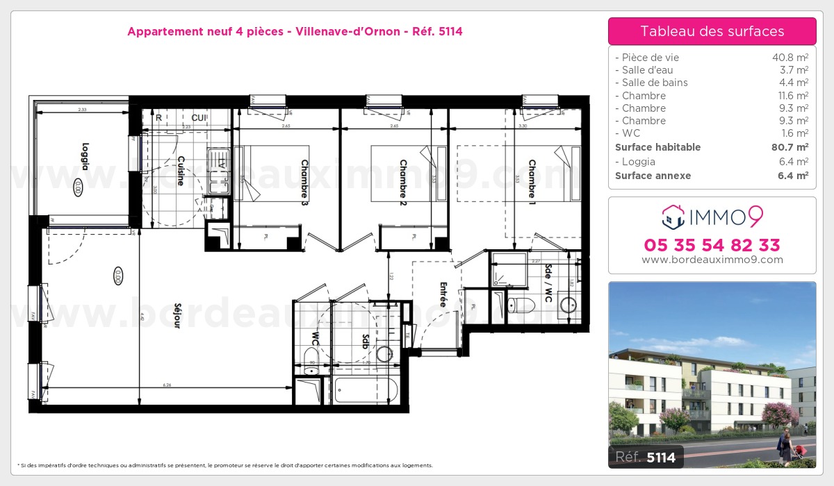 Plan et surfaces, Programme neuf Villenave-d'Ornon Référence n° 5114