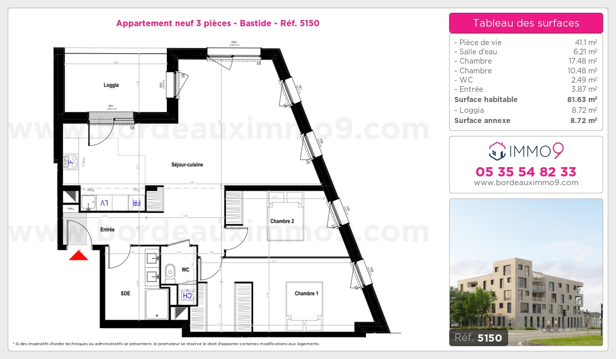 Plan et surfaces, Programme neuf Bordeaux : Bastide Référence n° 5150