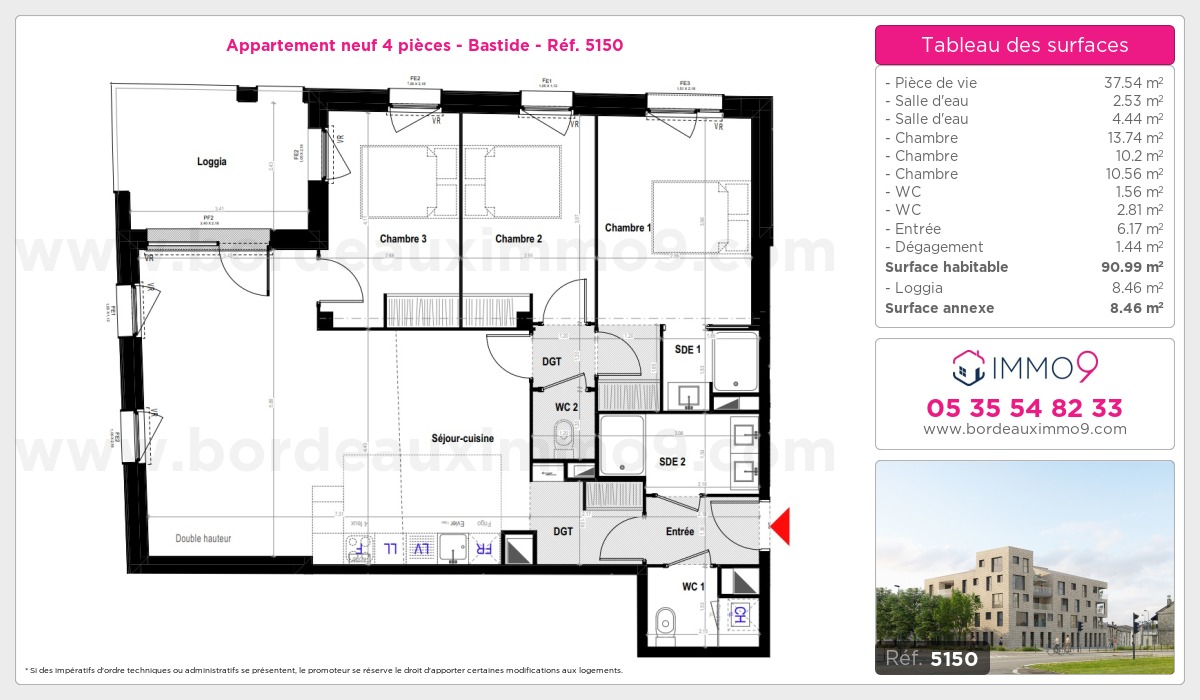 Plan et surfaces, Programme neuf Bordeaux : Bastide Référence n° 5150