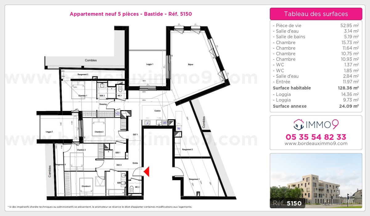 Plan et surfaces, Programme neuf Bordeaux : Bastide Référence n° 5150