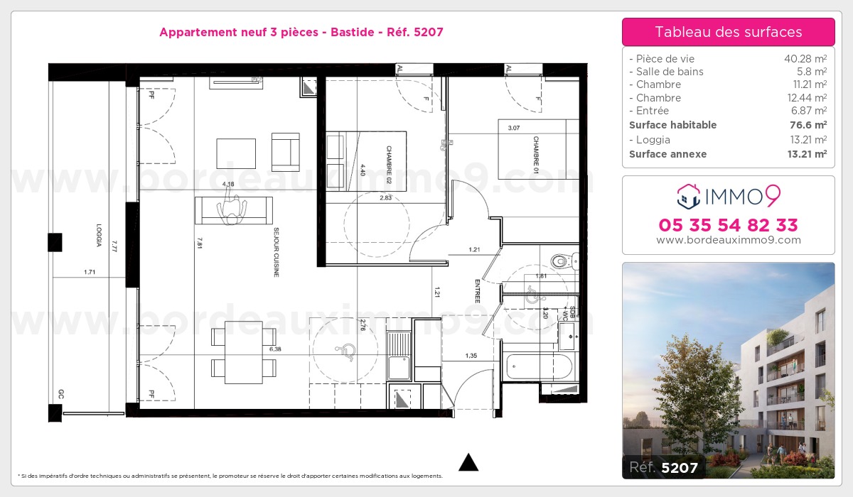 Plan et surfaces, Programme neuf Bordeaux : Bastide Référence n° 5207