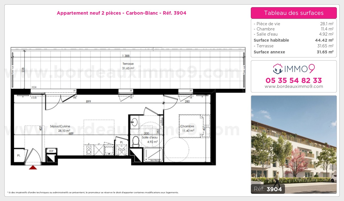 Plan et surfaces, Programme neuf Carbon-Blanc Référence n° 3904