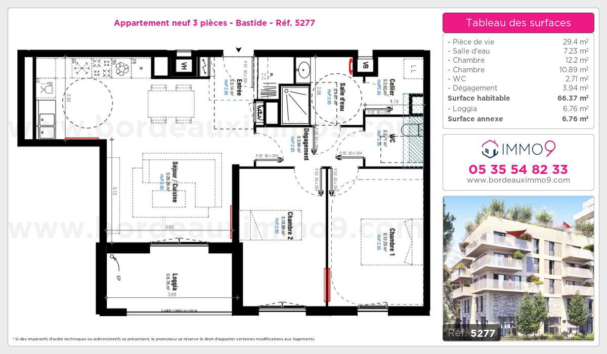 Plan et surfaces, Programme neuf Bordeaux : Bastide Référence n° 5277