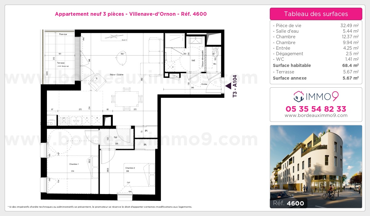 Plan et surfaces, Programme neuf Villenave-d'Ornon Référence n° 4600