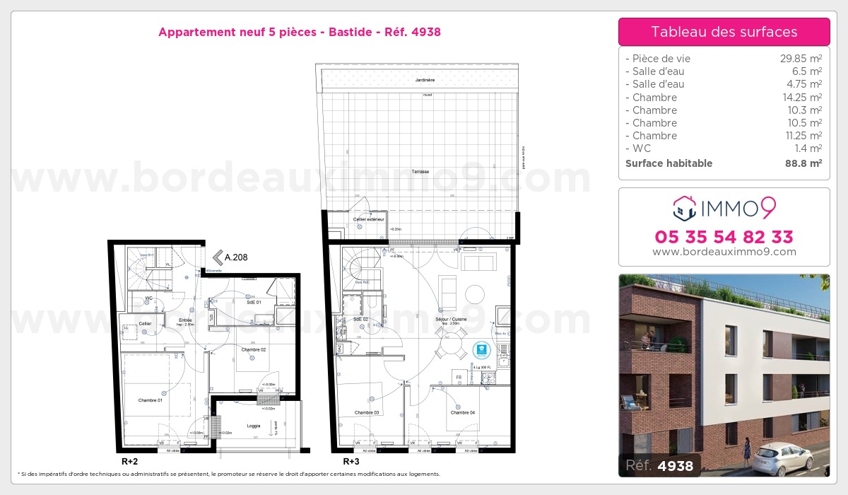 Plan et surfaces, Programme neuf Bordeaux : Bastide Référence n° 4938