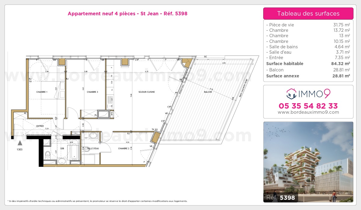Plan et surfaces, Programme neuf Bordeaux : St Jean Référence n° 5398