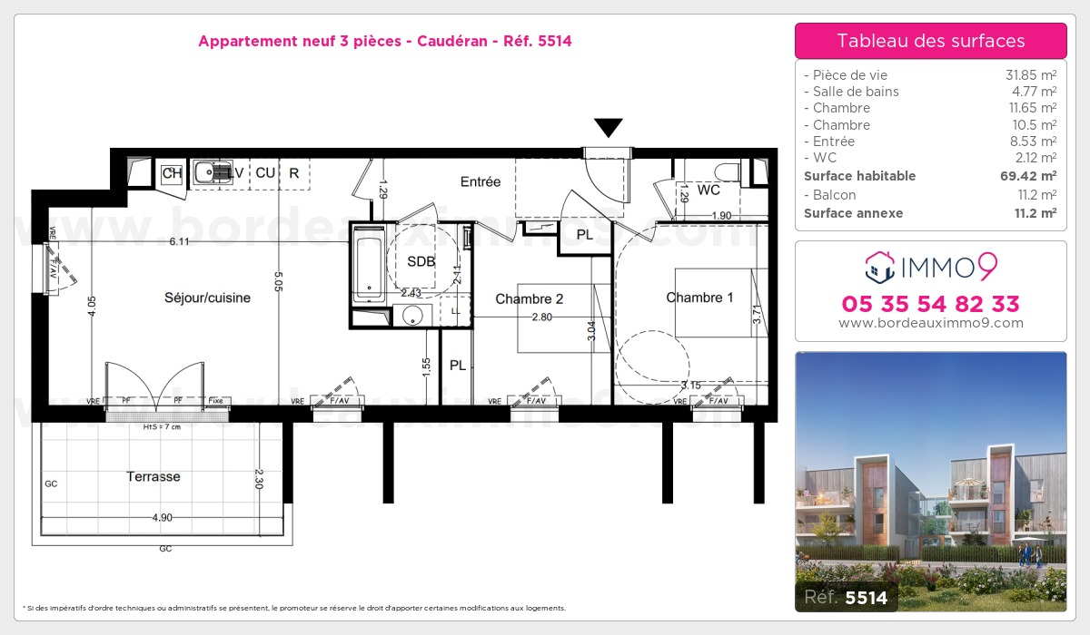 Plan et surfaces, Programme neuf Bordeaux : Caudéran Référence n° 5514