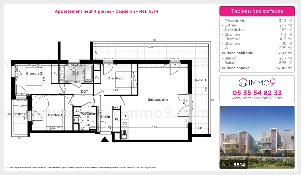 Plan et surfaces, Programme neuf Bordeaux : Caudéran Référence n° 5514