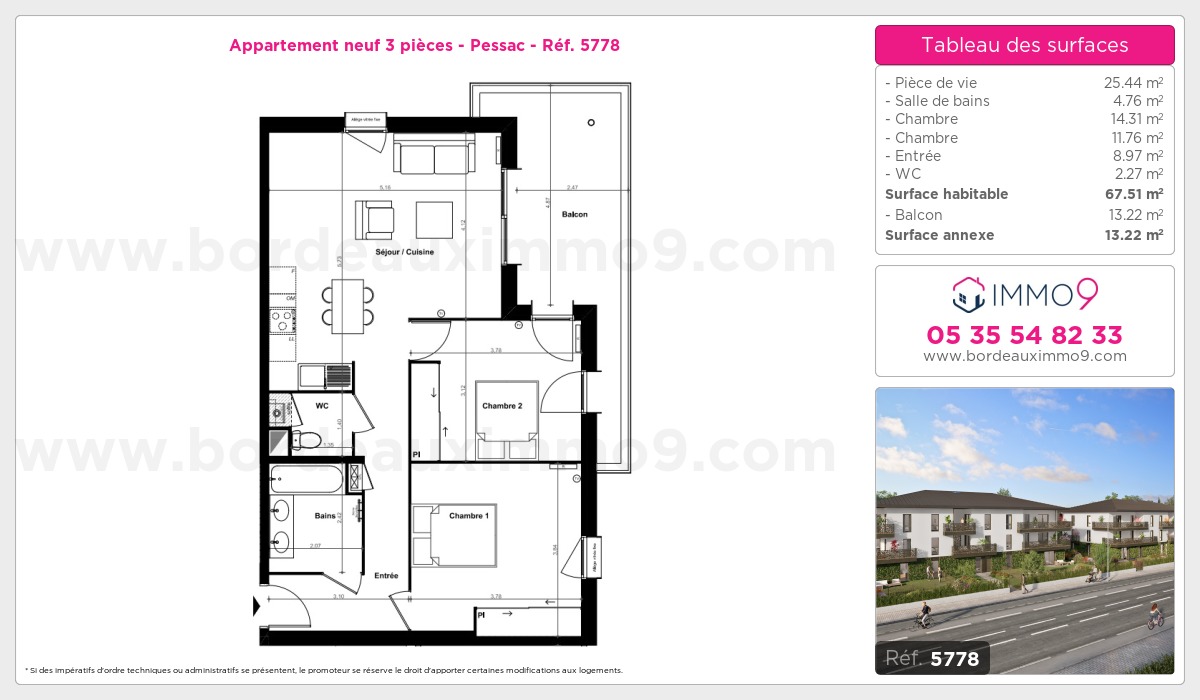 Plan et surfaces, Programme neuf Pessac Référence n° 5778
