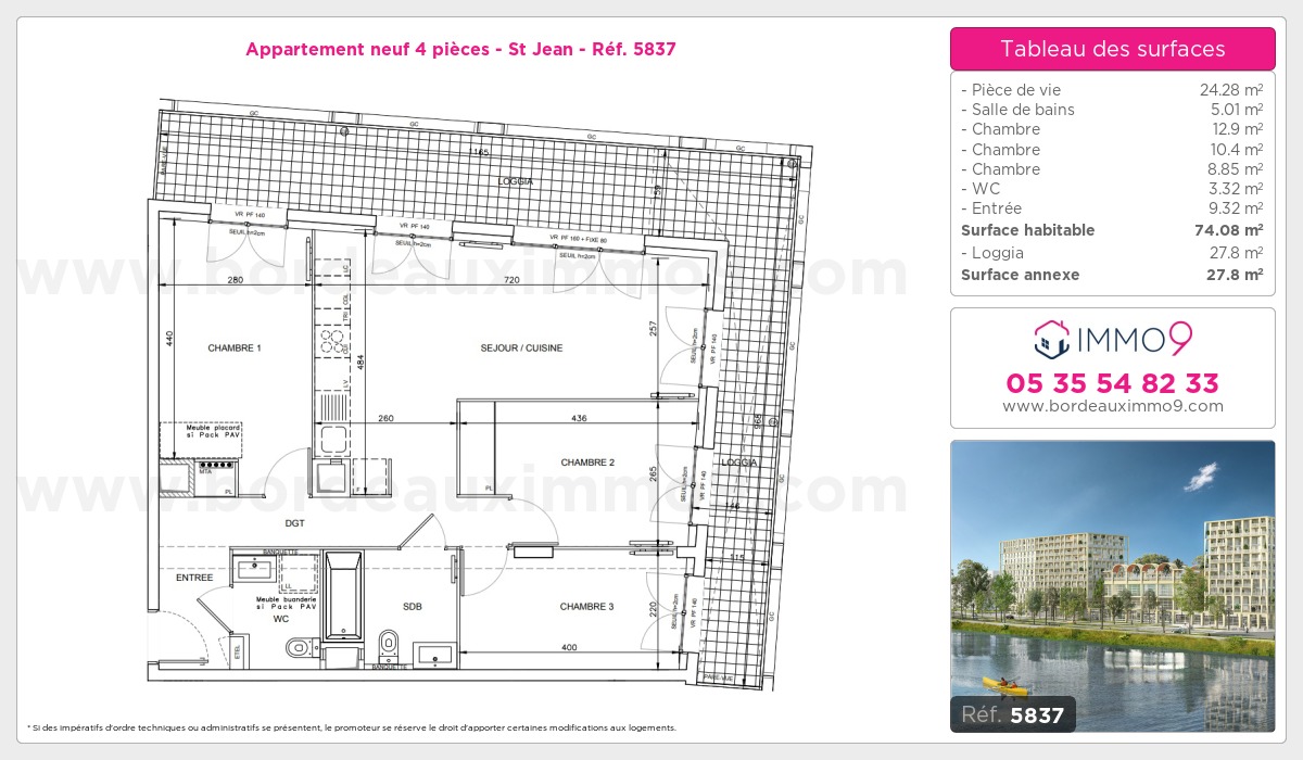 Plan et surfaces, Programme neuf Bordeaux : St Jean Référence n° 5837