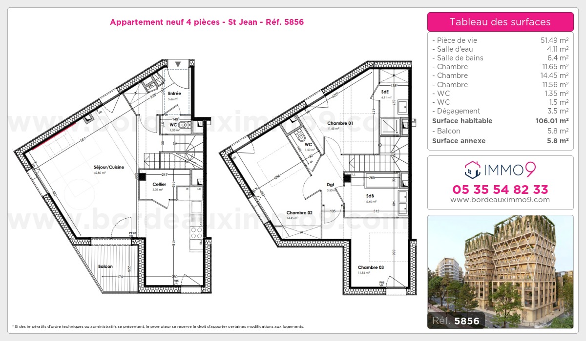 Plan et surfaces, Programme neuf Bordeaux : St Jean Référence n° 5856