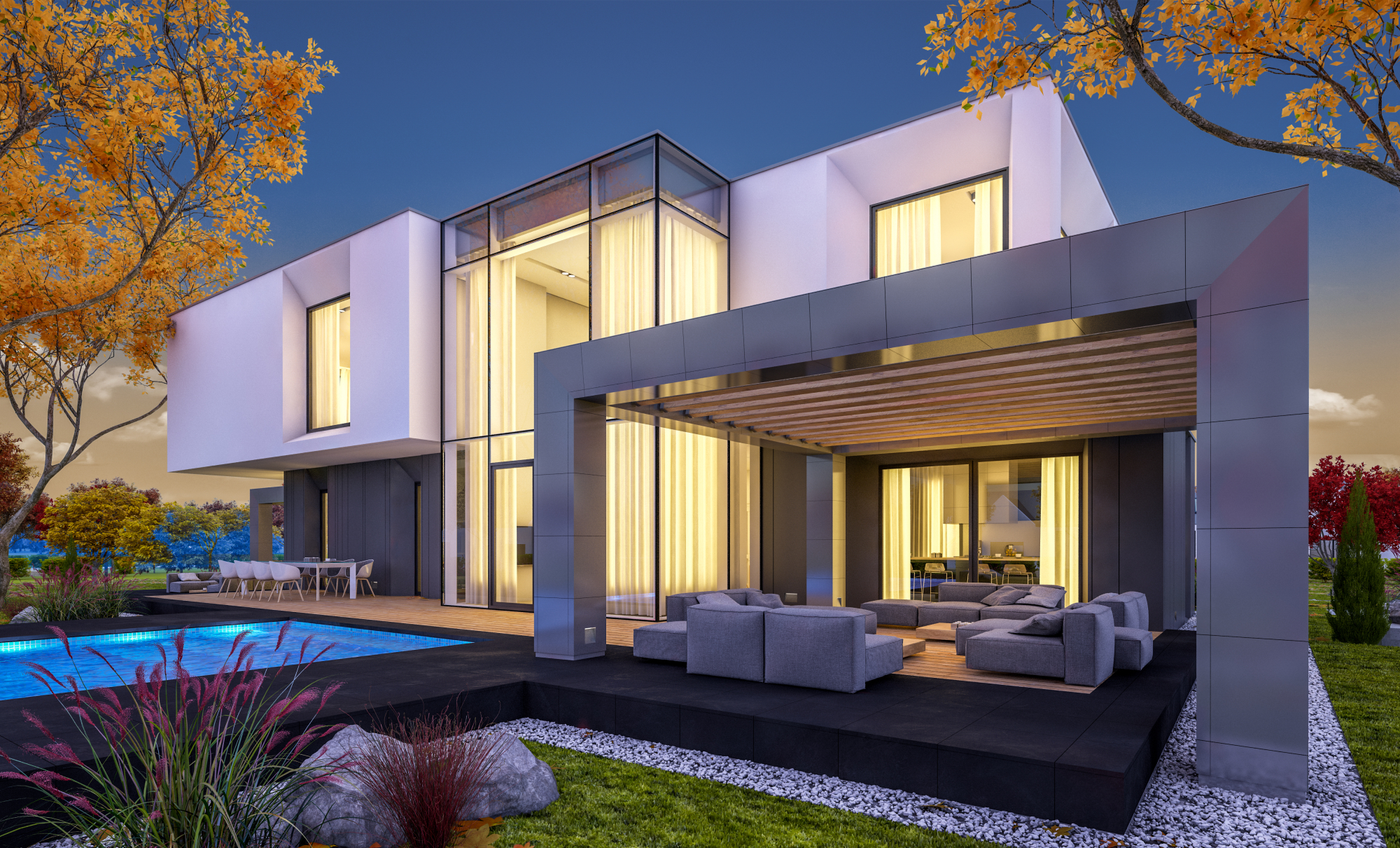 Vue 3D d'une maison neuve contemporaine avec jardin et piscine