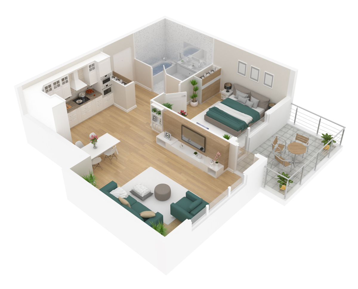 L'un des avantages de Proto-Habitat est de pouvoir personnaliser les pièces et l’agencement de la maison Maison modulable – Vue 3D d’un plan d’aménagement intérieur