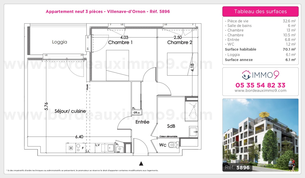 Plan et surfaces, Programme neuf Villenave-d'Ornon Référence n° 5896