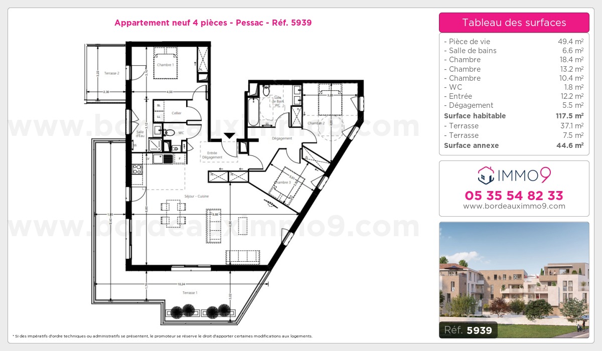 Plan et surfaces, Programme neuf Pessac Référence n° 5939