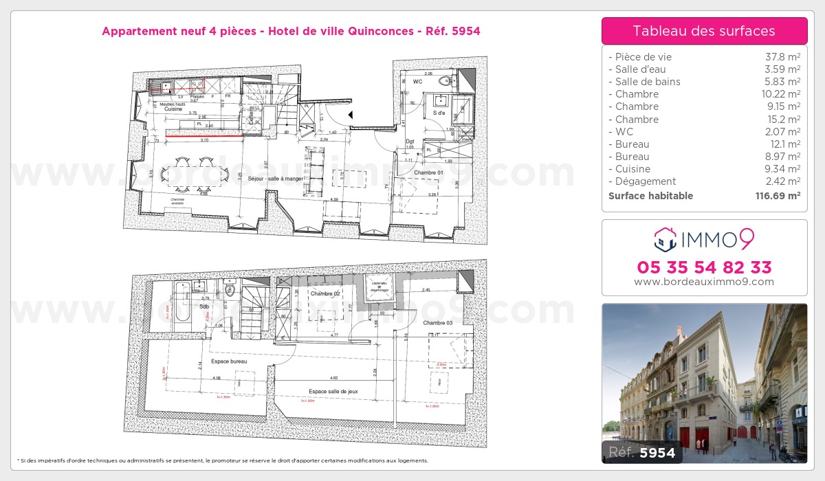 Plan et surfaces, Programme neuf Bordeaux : Hotel de ville Quinconces Référence n° 5954