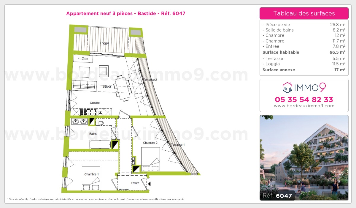 Plan et surfaces, Programme neuf Bordeaux : Bastide Référence n° 6047